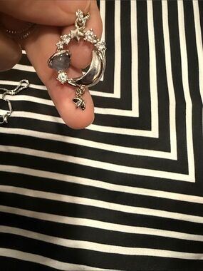 Silver Moon & Star Pendant Necklace with Gray Gem